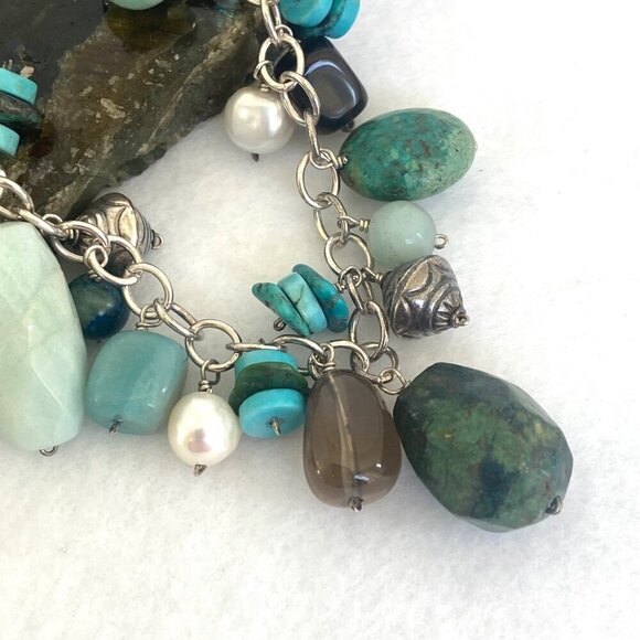 Sterling Silver 925 Beaded Multistone Turquoise Cable Chain Charm Bracelet 7.5" - Picture 13 of 16